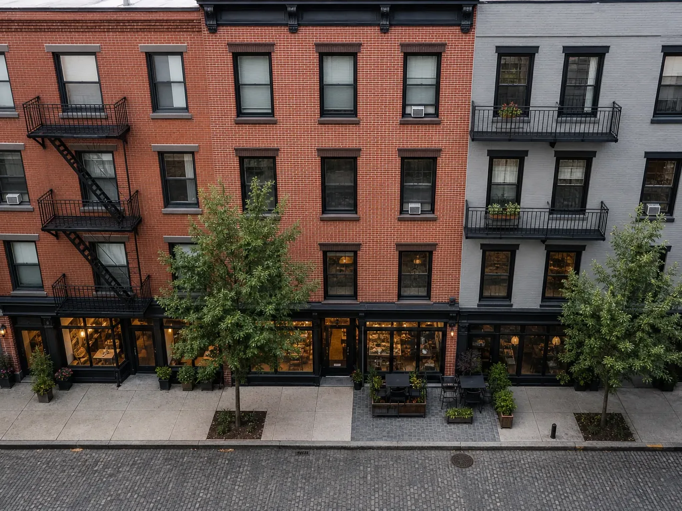 A low-rise mixed-use commercial and residential block on a quiet Brooklyn-style street