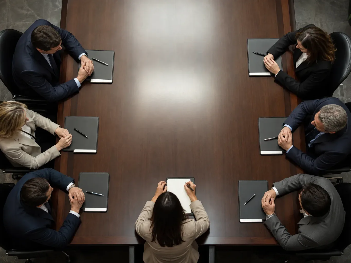 A polished conference table shot from overhead with shallow depth of field