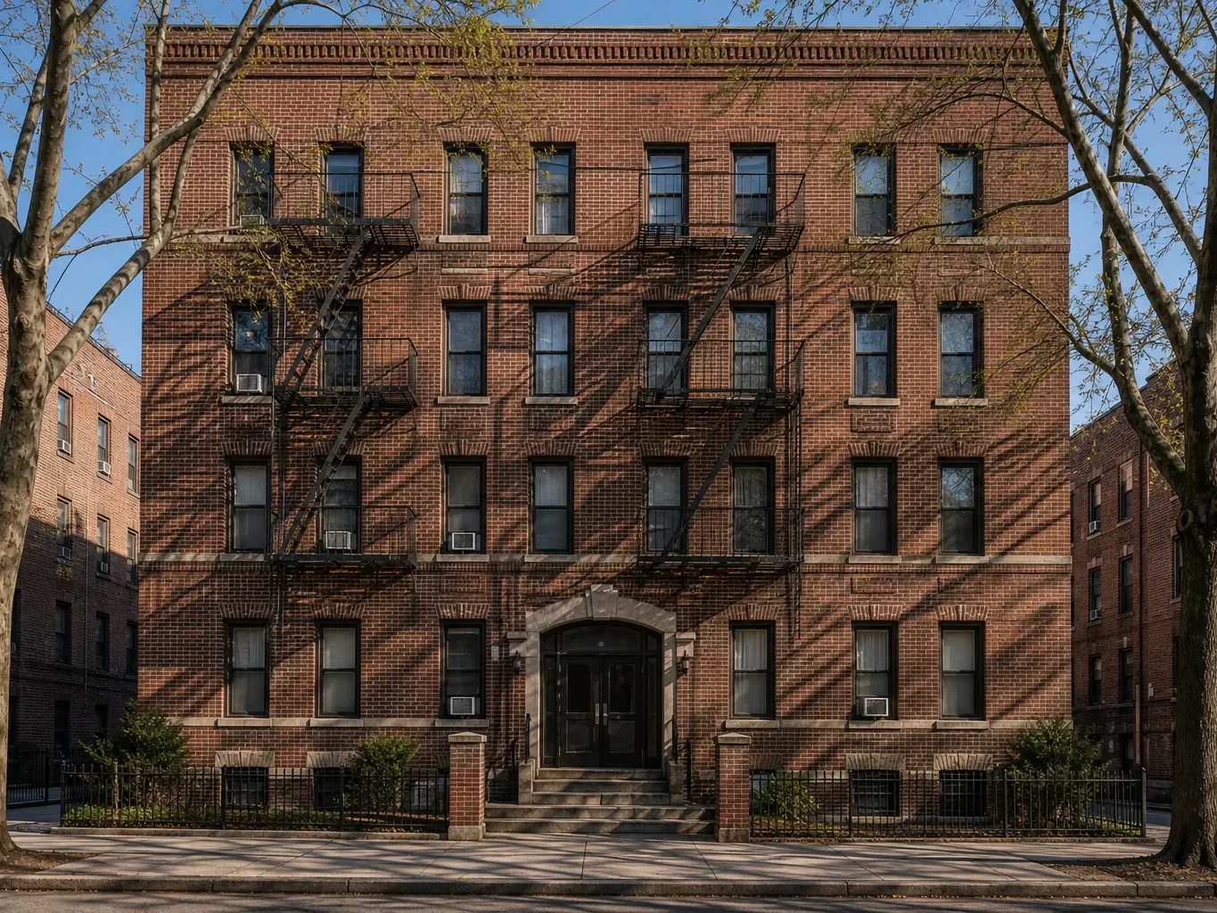 A four-storey brick walk-up multi-family building exterior in morning light