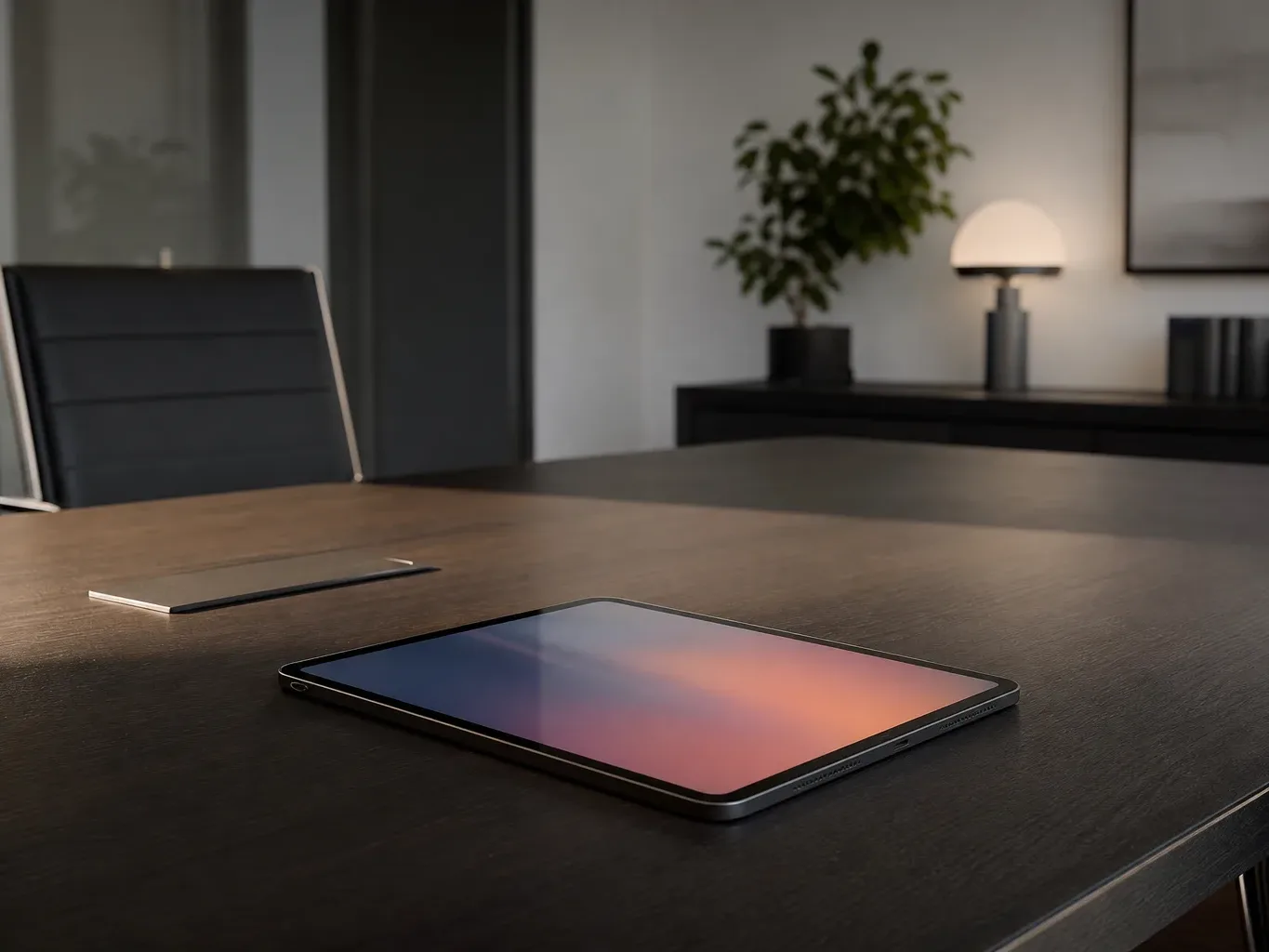 A tablet lying flat at the edge of a meeting table