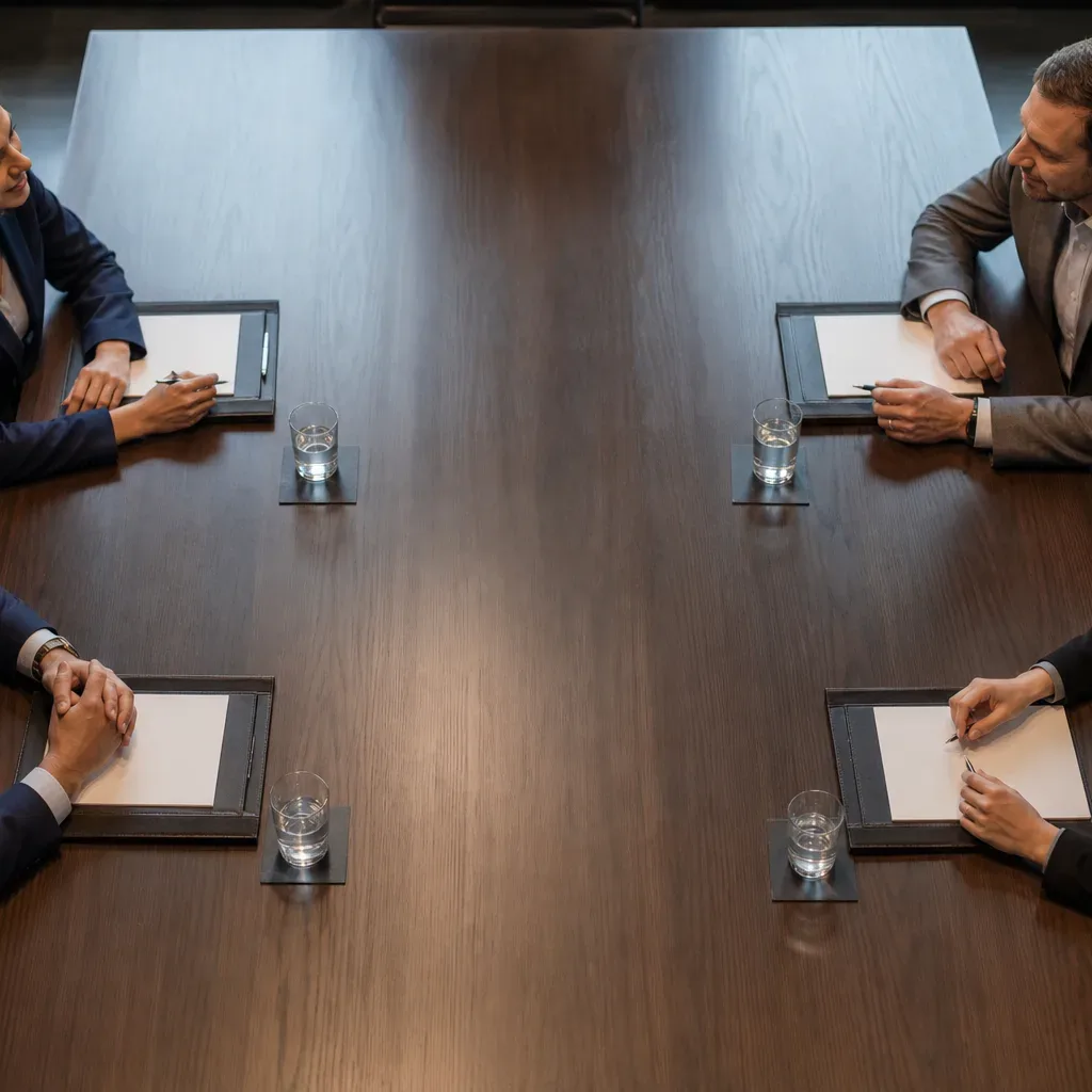 A polished conference table seen from above in cool daylight