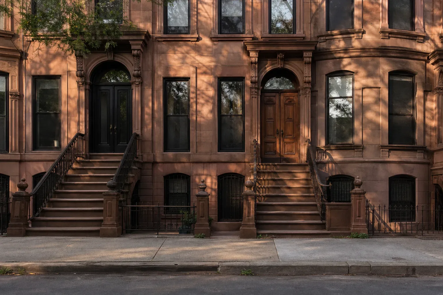 The stepped stone facade of a Brooklyn brownstone rowhouse in late afternoon light