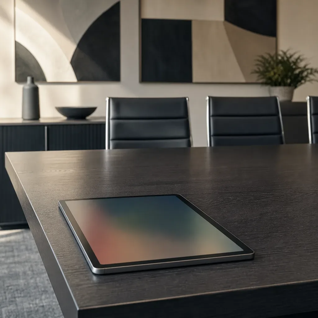 A tablet lying flat at the edge of a meeting table