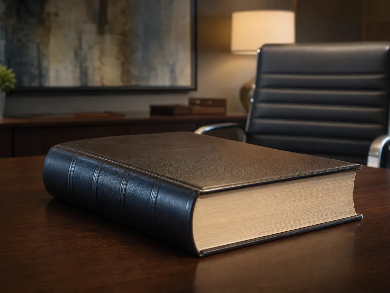 A thick ledger closed on the corner of a desk