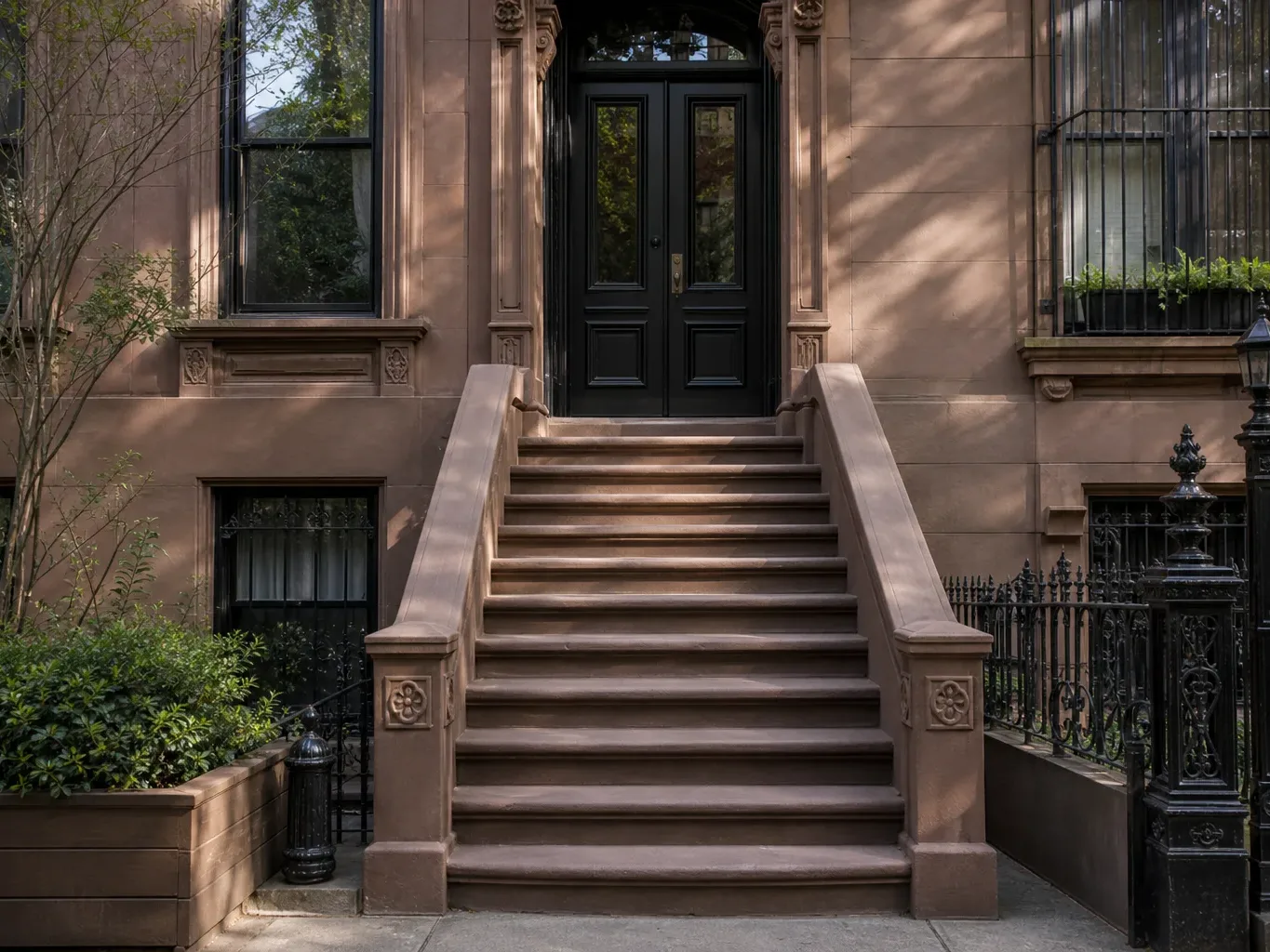 Stone entry steps of a classic Brooklyn rowhouse seen from street level