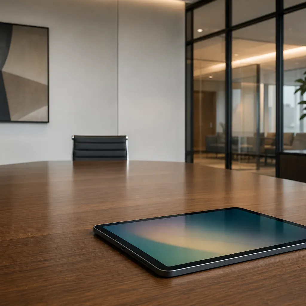 A tablet lying flat at the edge of a meeting table (section 6)