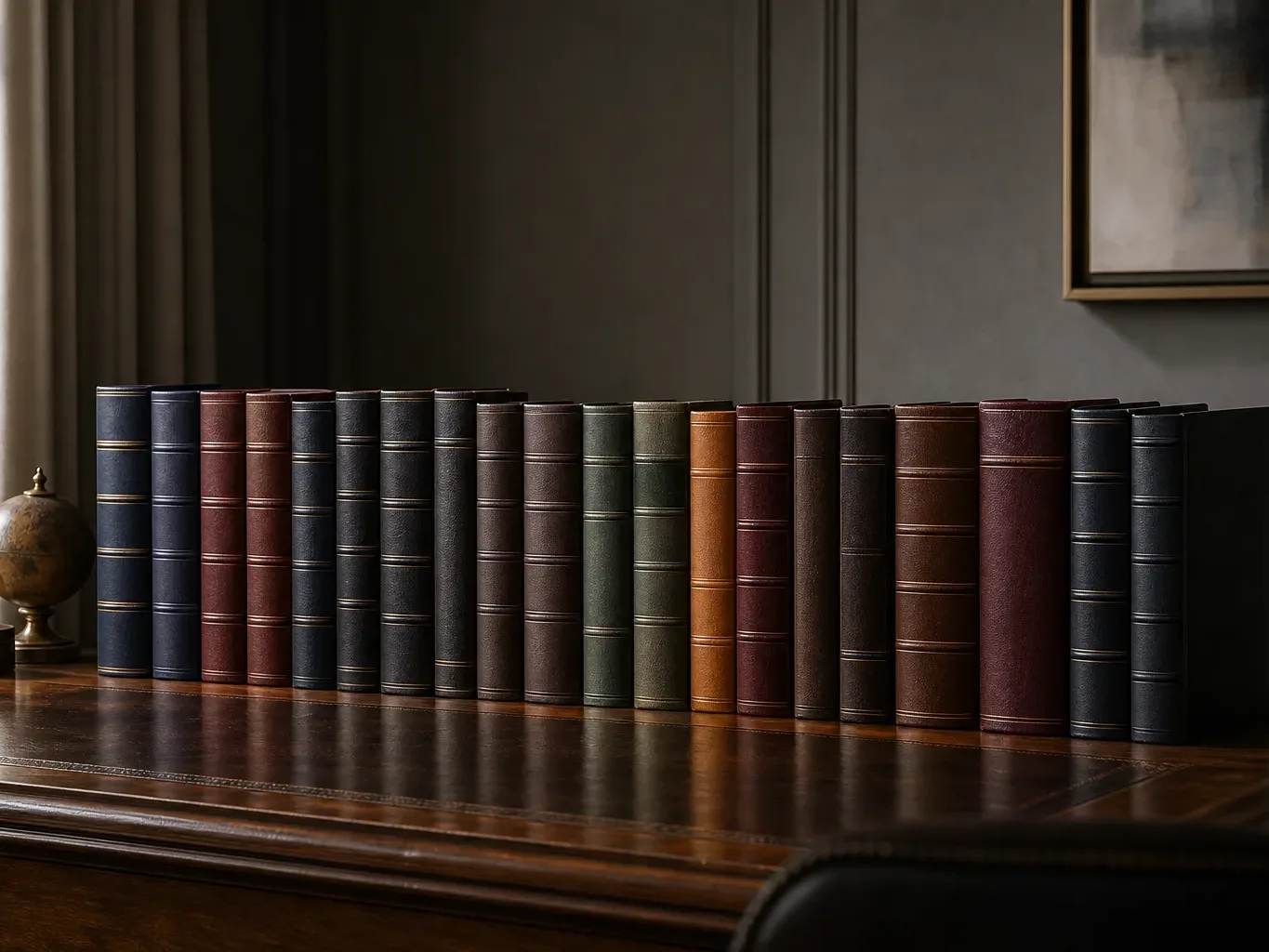 A row of law reports and reference volumes standing on a shelf behind a desk