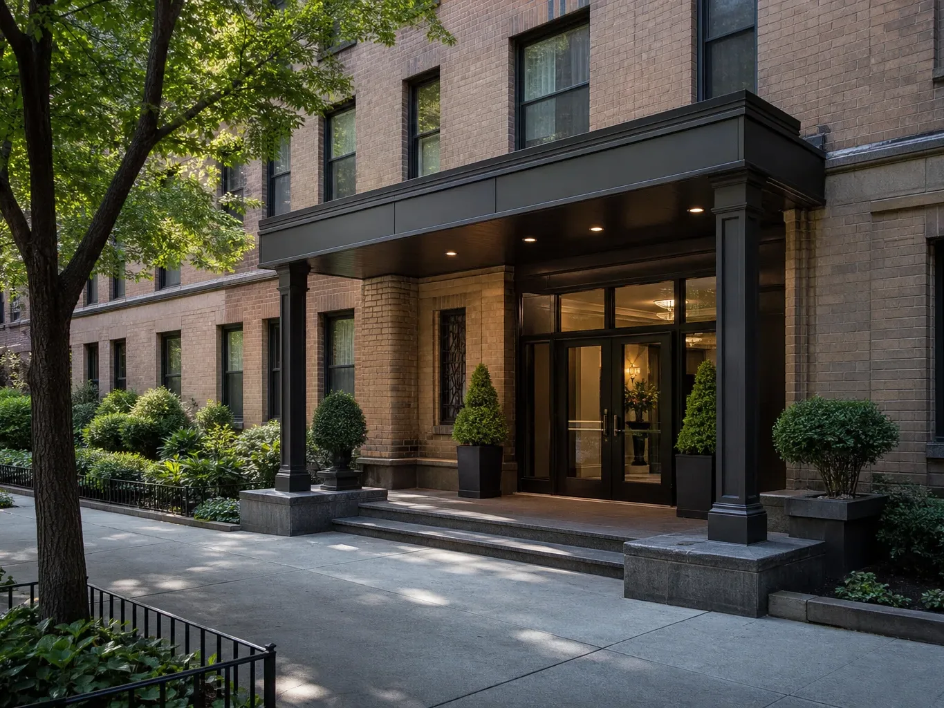 The canopied entrance of a mid-rise co-op building on a tree-lined residential block