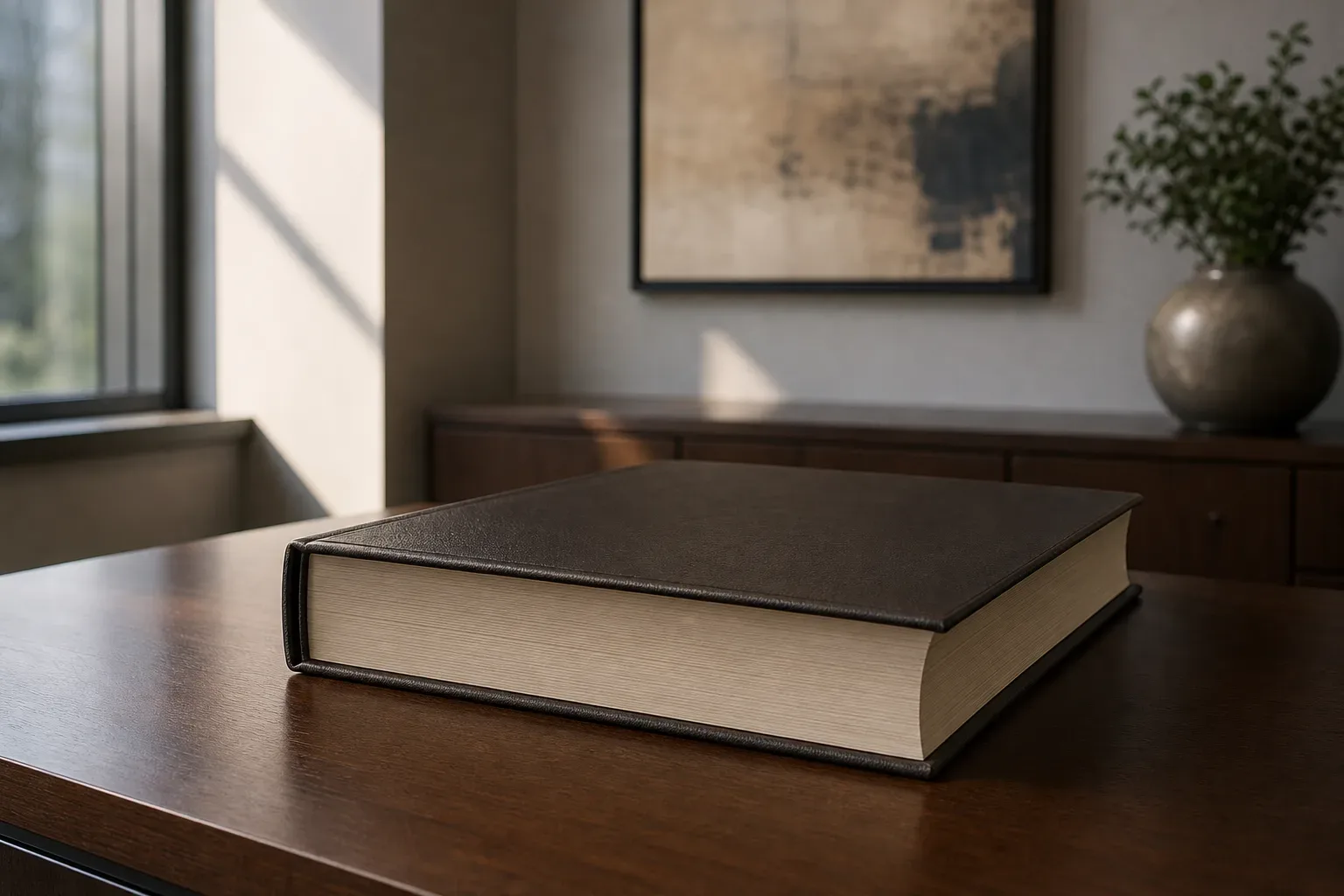 A thick ledger closed on the corner of a desk