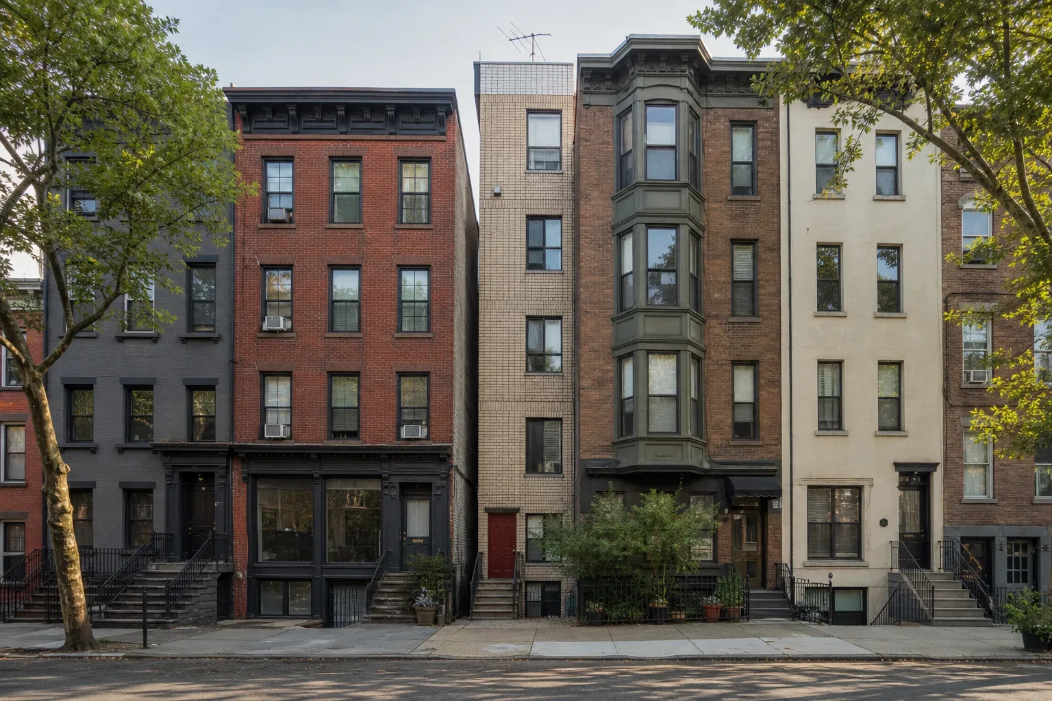Mixed-use commercial and residential block on a quiet Brooklyn-style street