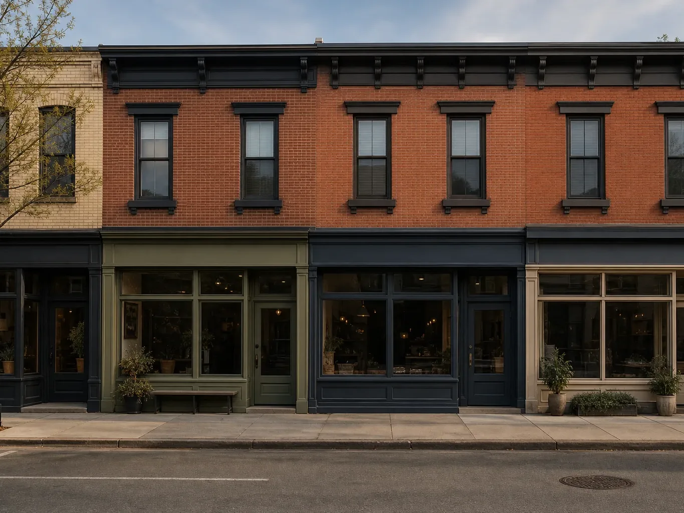 Row of small commercial storefronts at street level beneath a brick residential upper floor