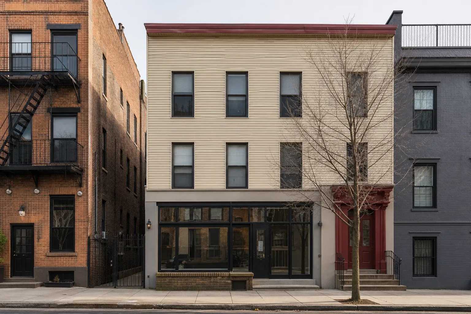 A low-rise mixed-use commercial and residential block on a quiet Brooklyn-style street