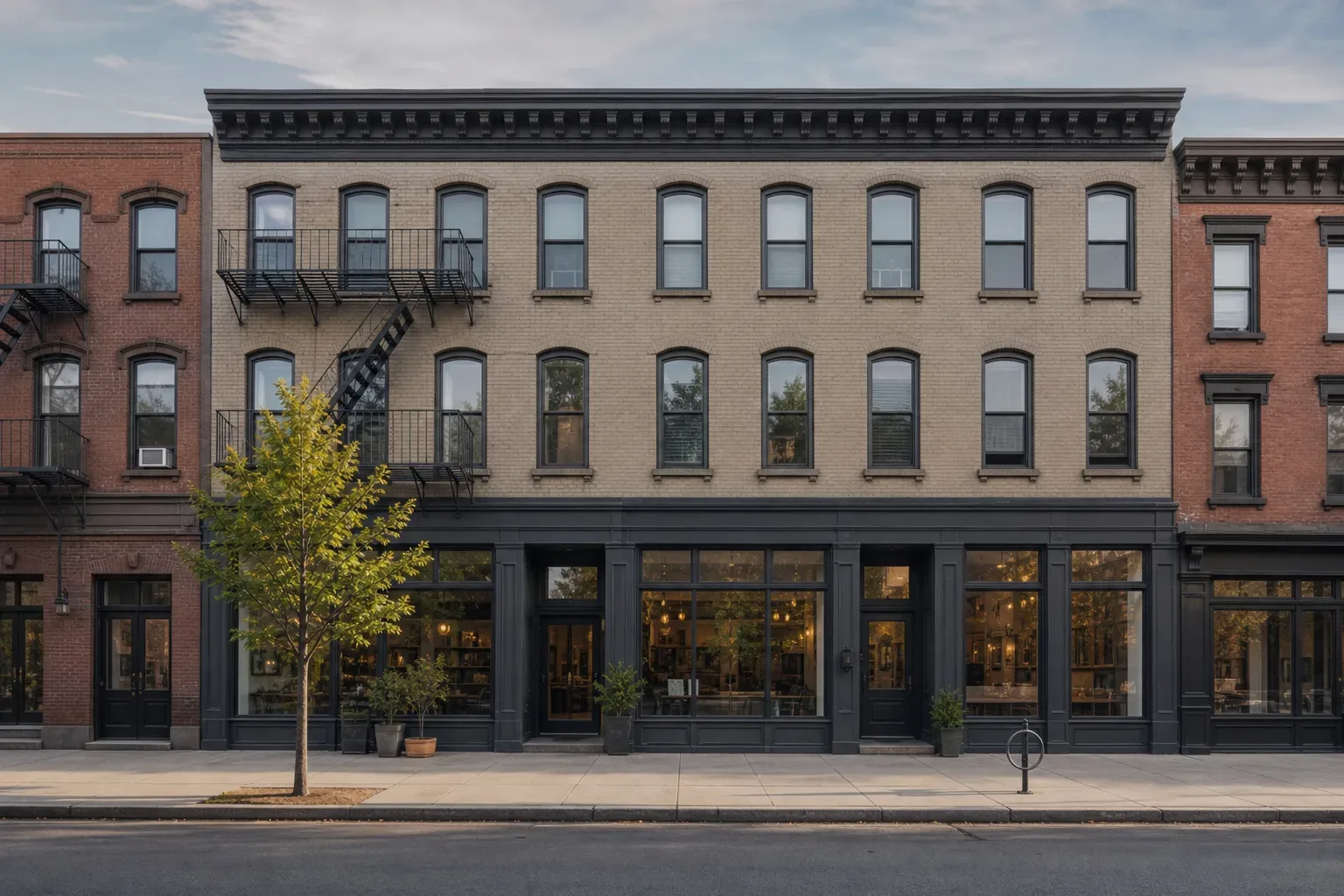 A low-rise mixed-use commercial and residential block on a quiet Brooklyn-style street