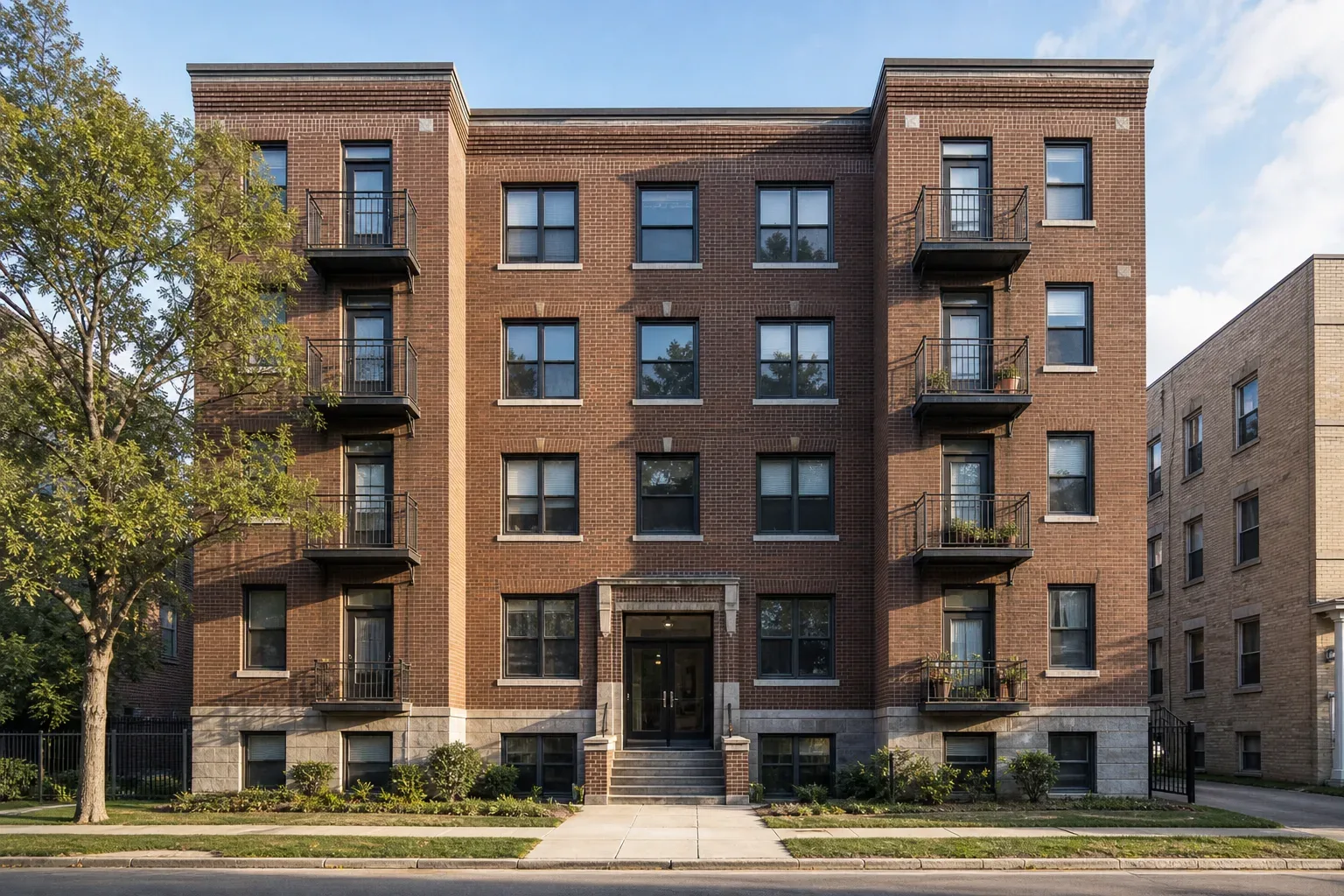 A four-storey brick walk-up multi-family building exterior in morning light