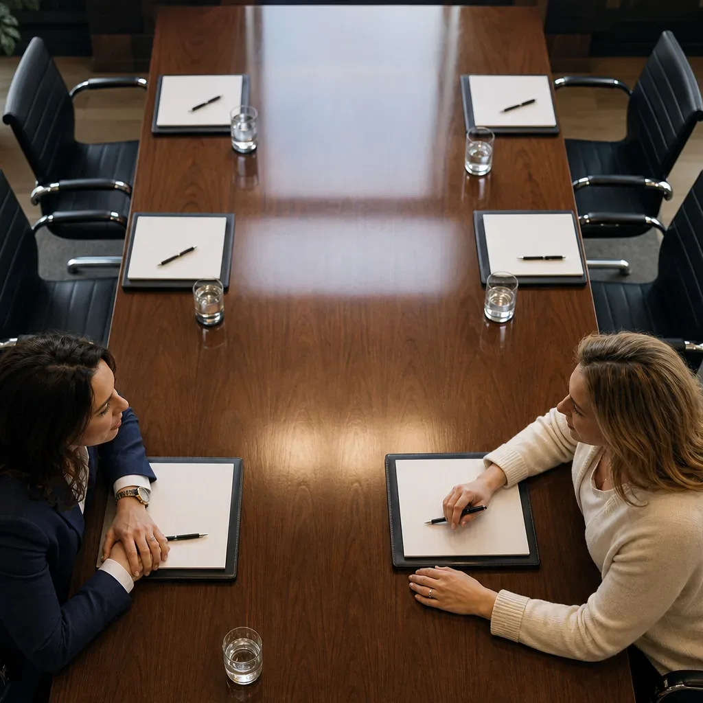 A polished conference table seen from above in cool daylight