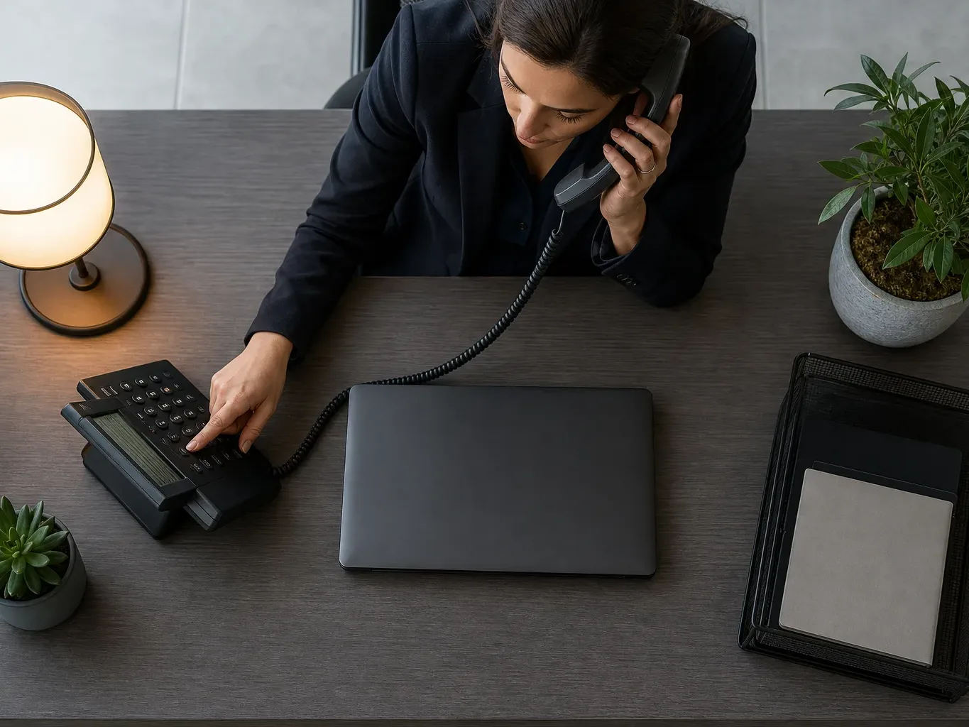 A desk phone with the handset lifted mid-call in warm lamp light