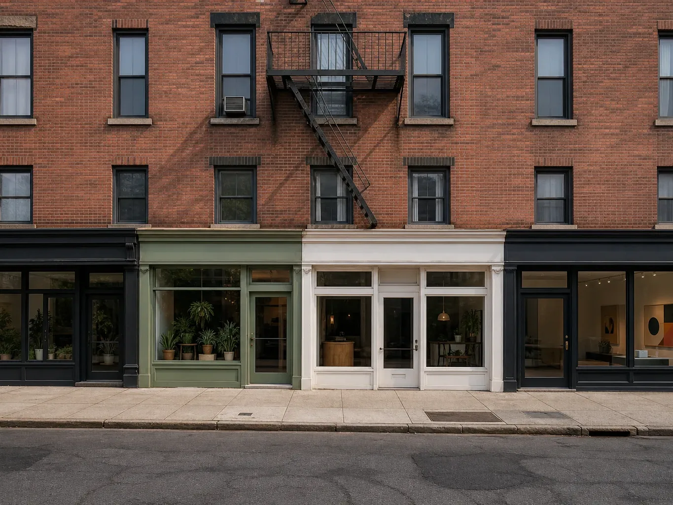 A row of small commercial storefronts at street level beneath a brick residential upper floor