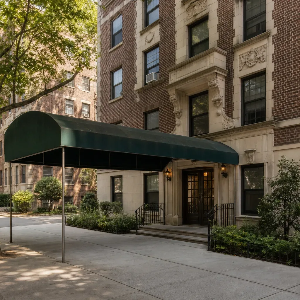 The canopied entrance of a mid-rise co-op building on a tree-lined residential block