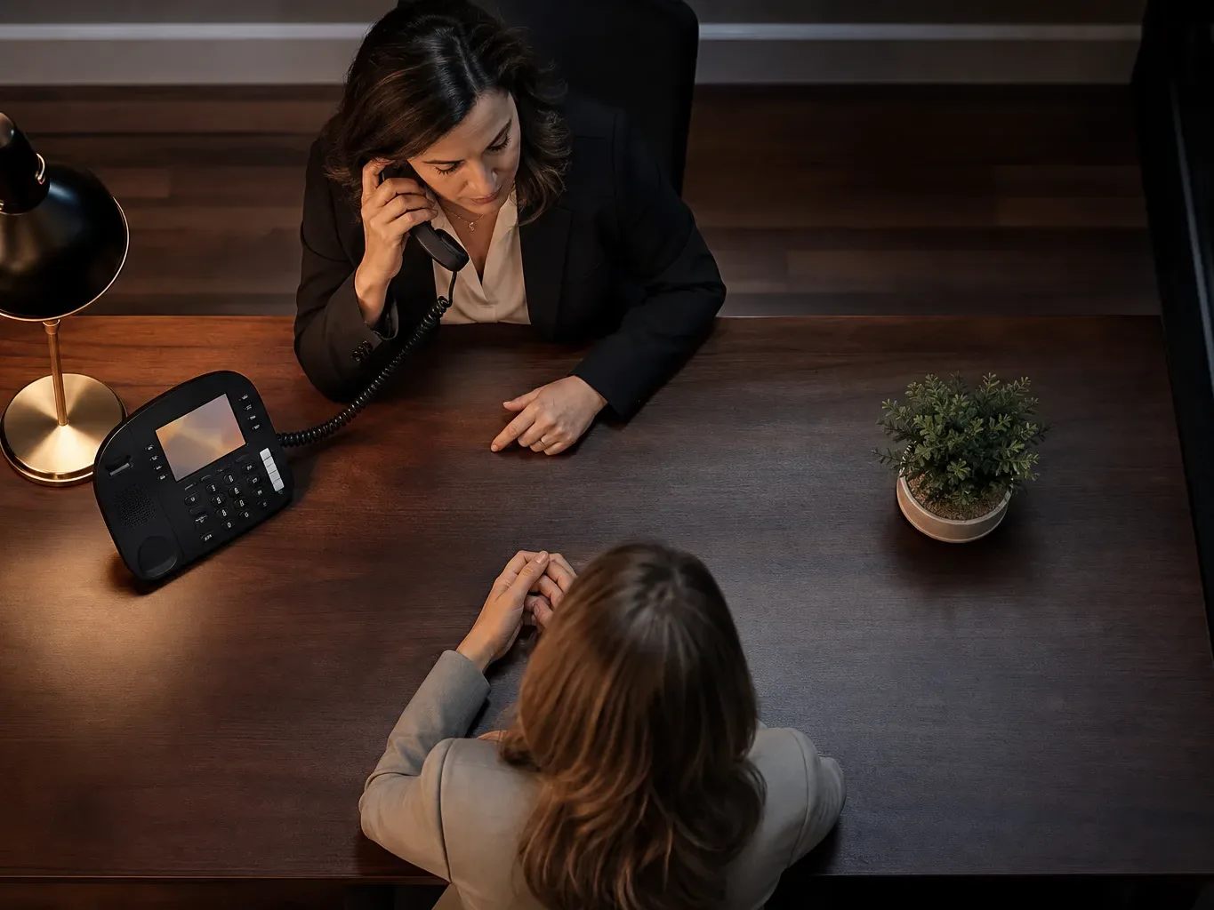 A desk phone with the handset lifted mid-call in warm lamp light