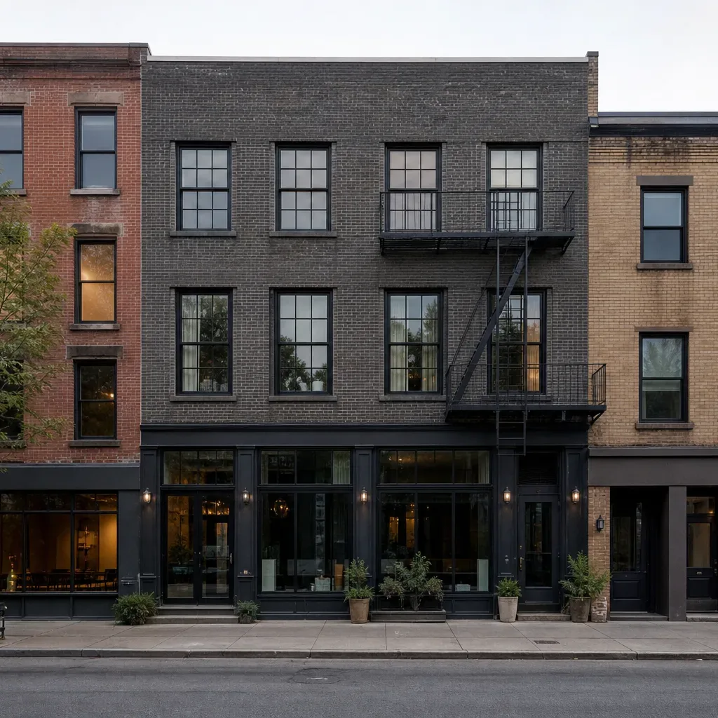 A low-rise mixed-use commercial and residential block on a quiet Brooklyn-style street