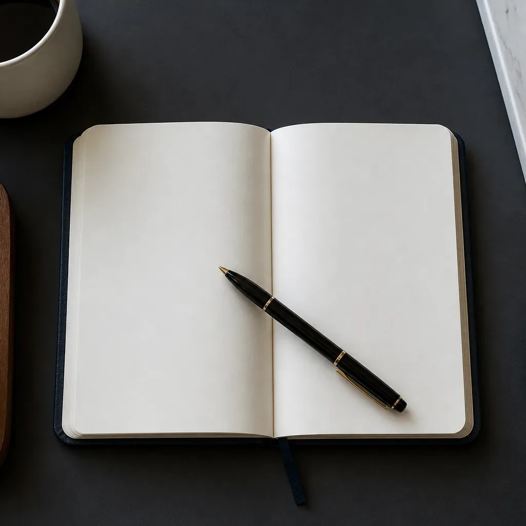 An open notebook with a pen resting across it seen from above in cool daylight