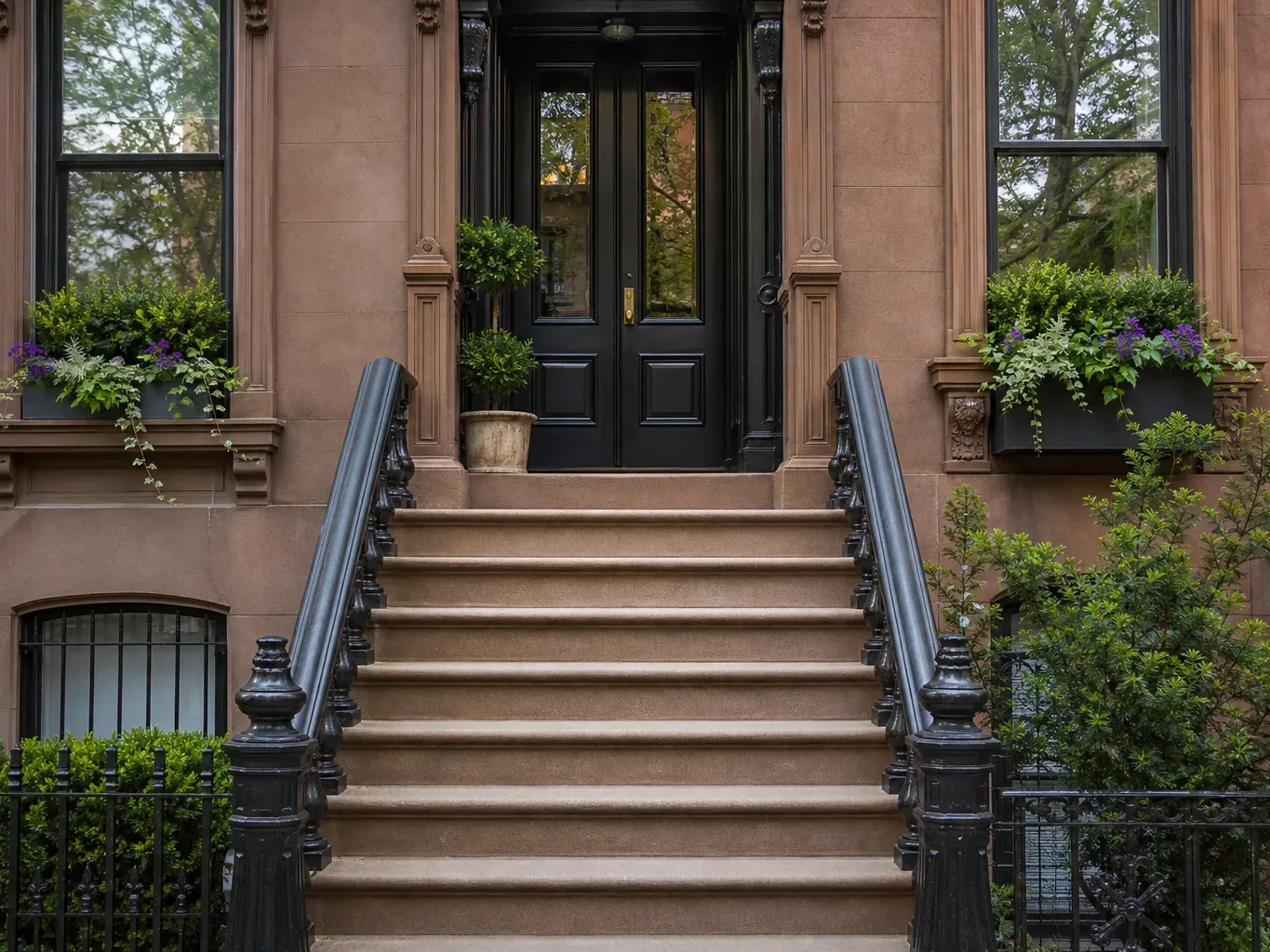 Stone entry steps of a classic Brooklyn rowhouse seen from street level