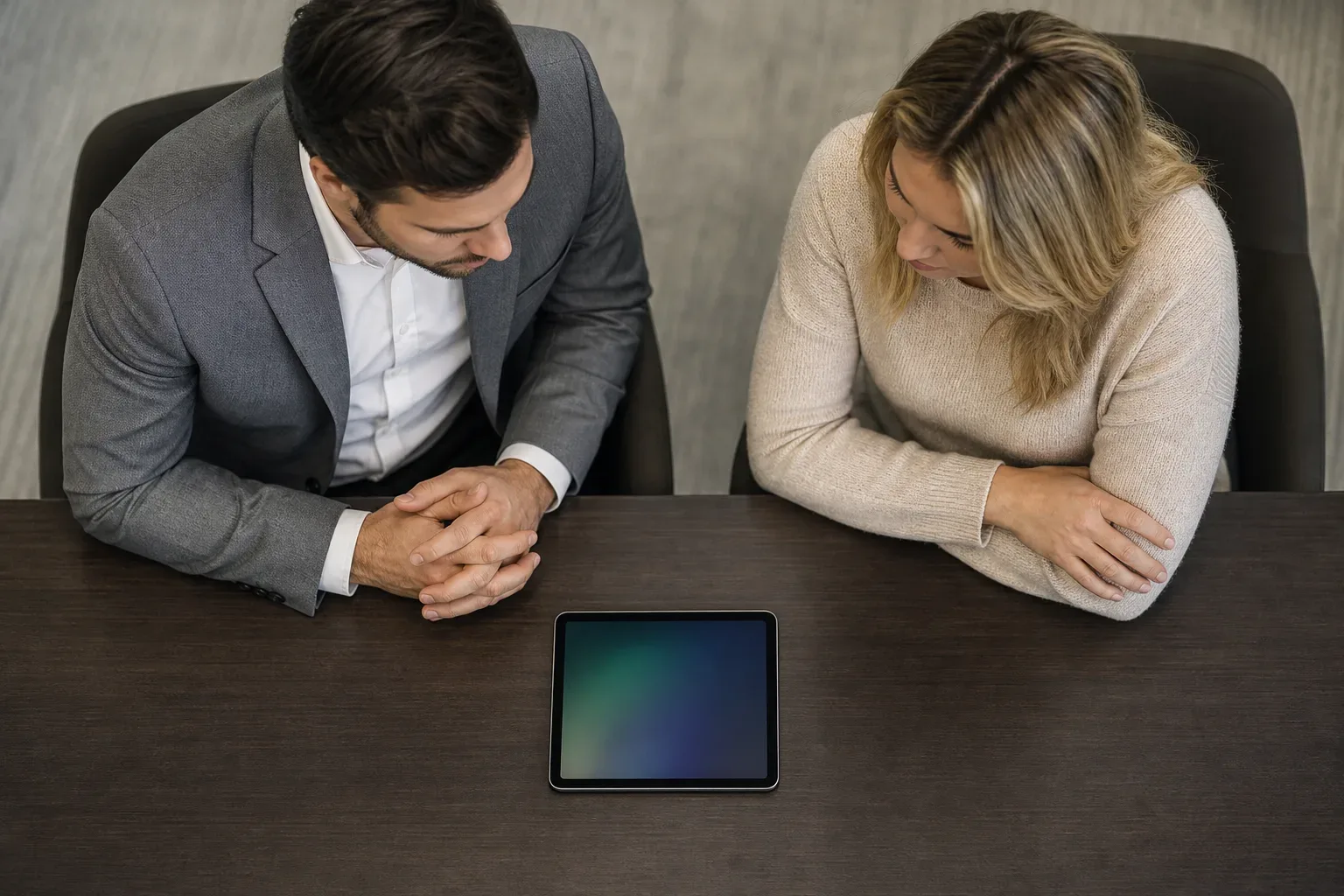 A tablet lying flat at the edge of a meeting table