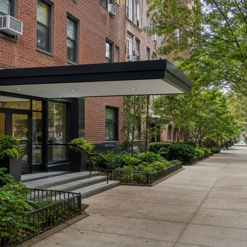 The canopied entrance of a mid-rise co-op building on a tree-lined residential block