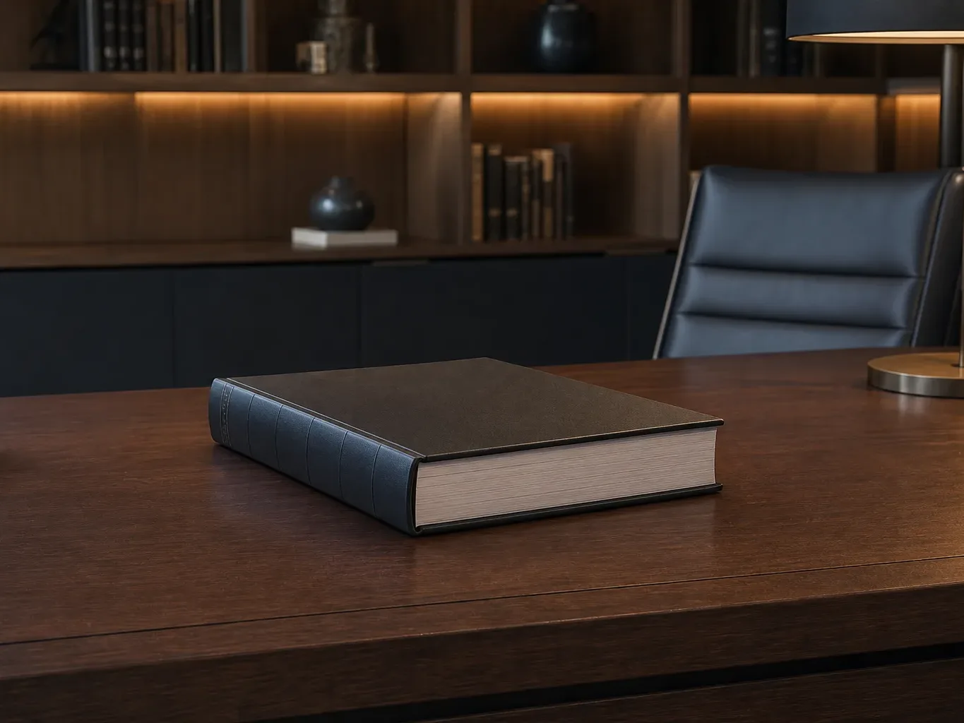A thick ledger closed on the corner of a desk