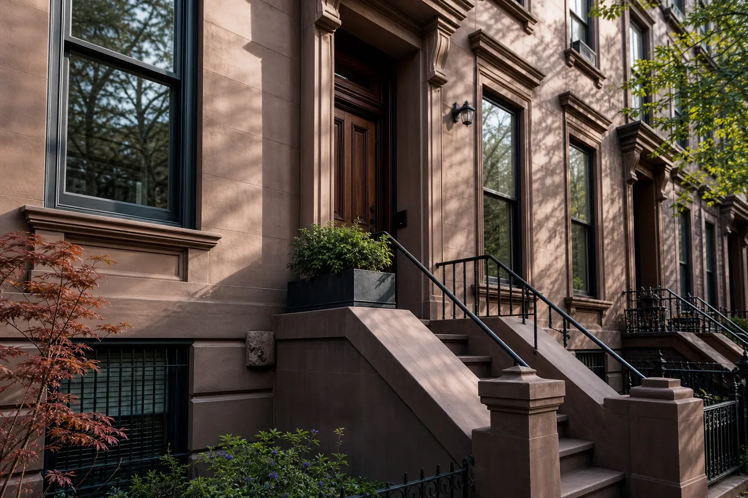 The stepped stone facade of a Brooklyn brownstone rowhouse in late afternoon light