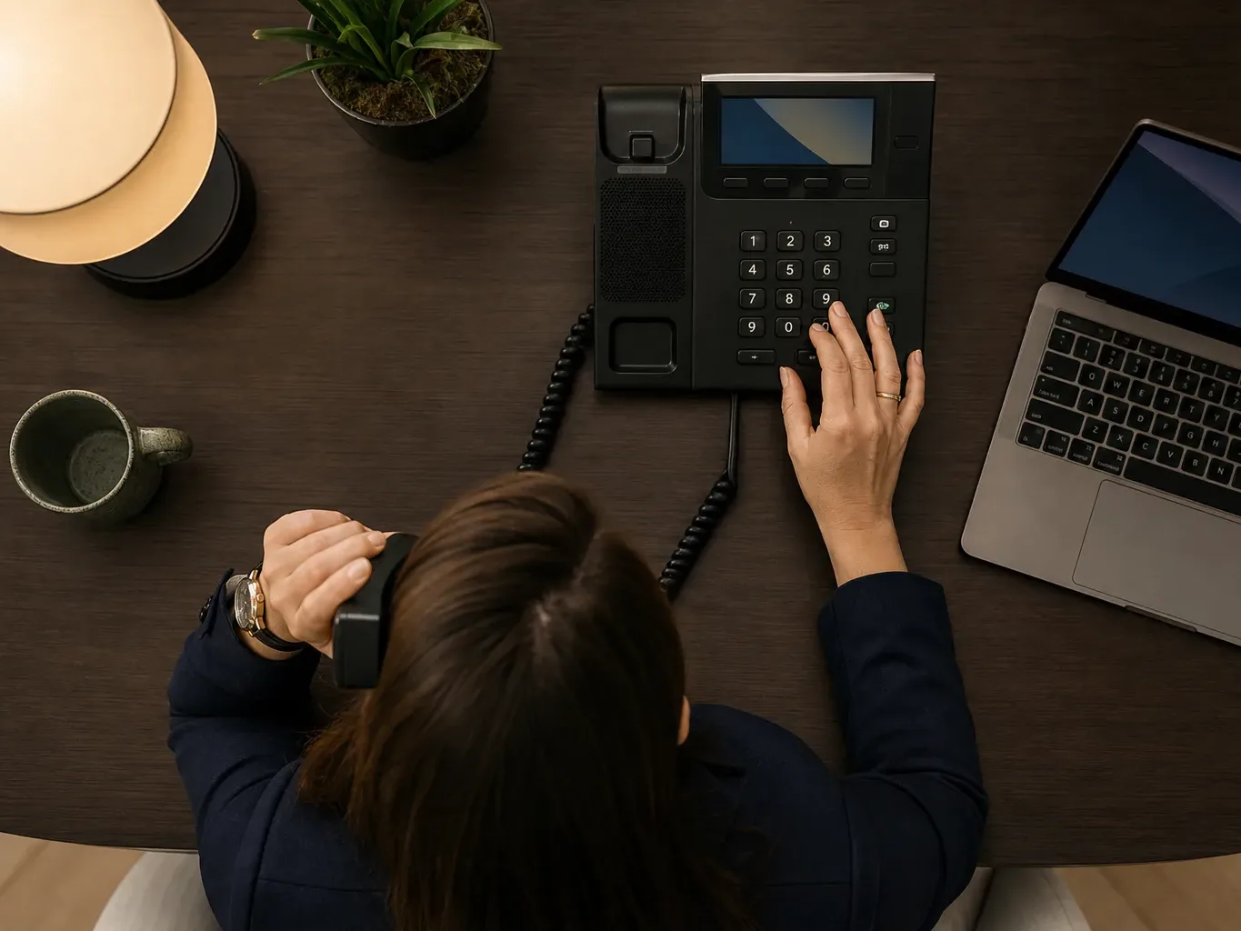 A desk phone with the handset lifted mid-call in warm lamp light