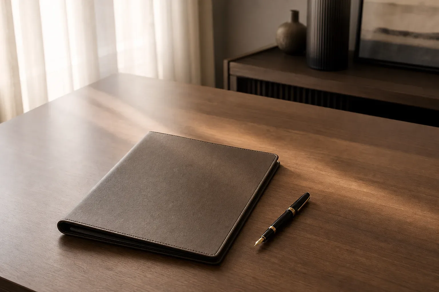 A single fountain pen laid beside a closed folder on a clean desk surface