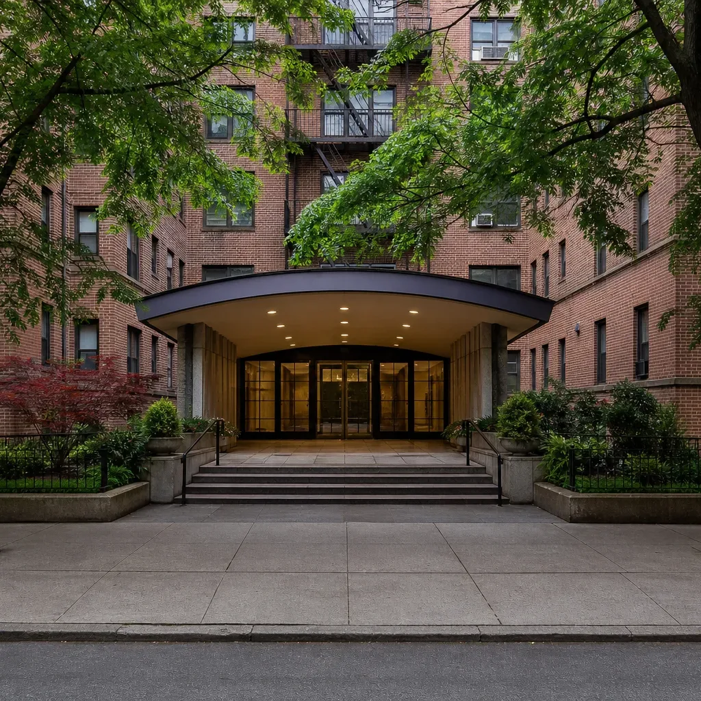 The canopied entrance of a mid-rise co-op building on a tree-lined residential block