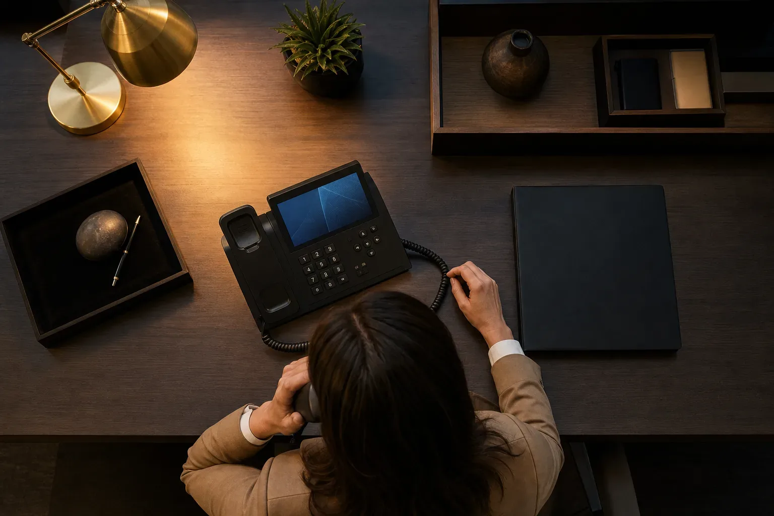 A desk phone with the handset lifted mid-call in warm lamp light