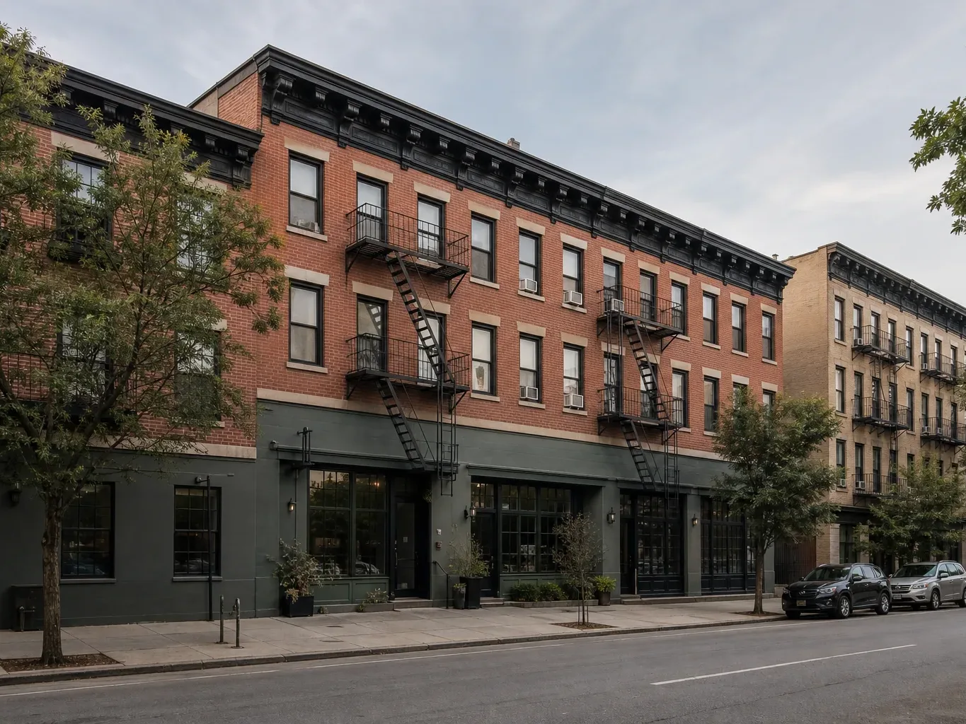 A low-rise mixed-use commercial and residential block on a quiet Brooklyn-style street