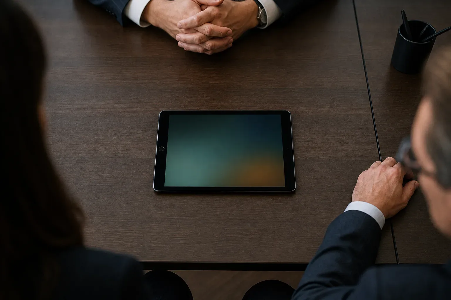 A tablet lying flat at the edge of a meeting table