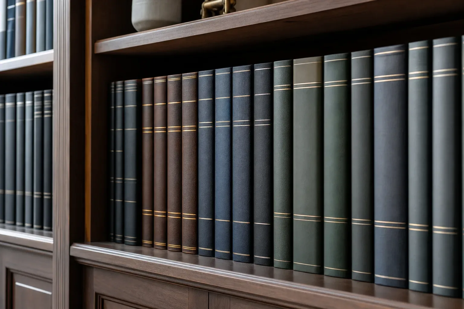 A row of law reports and reference volumes standing on a shelf