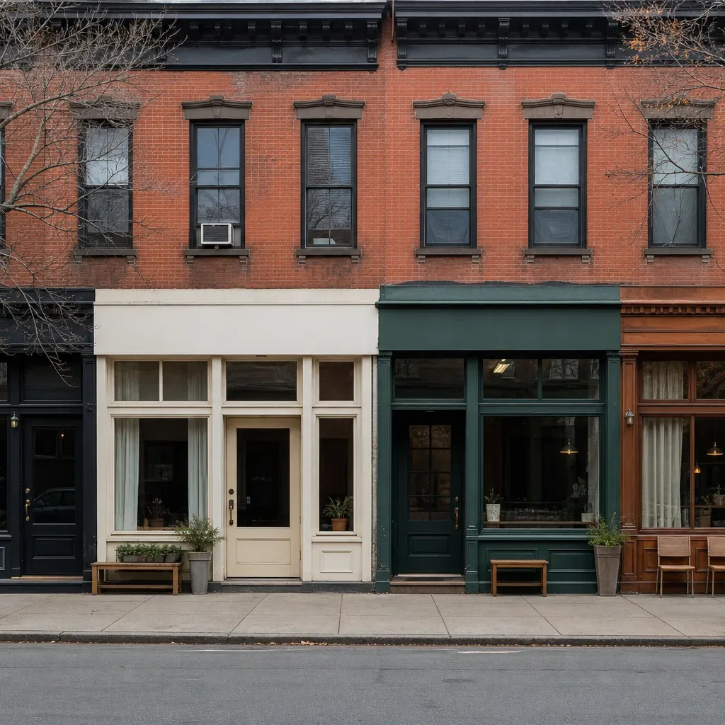 A row of small commercial storefronts at street level beneath a brick residential upper floor