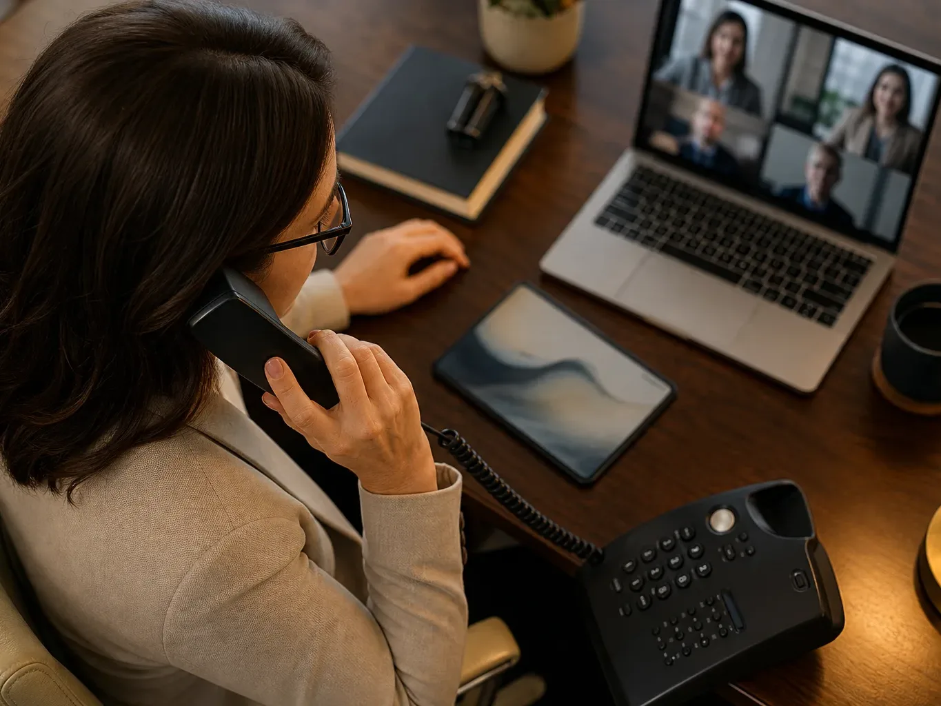 A desk phone with the handset lifted mid-call in warm lamp light
