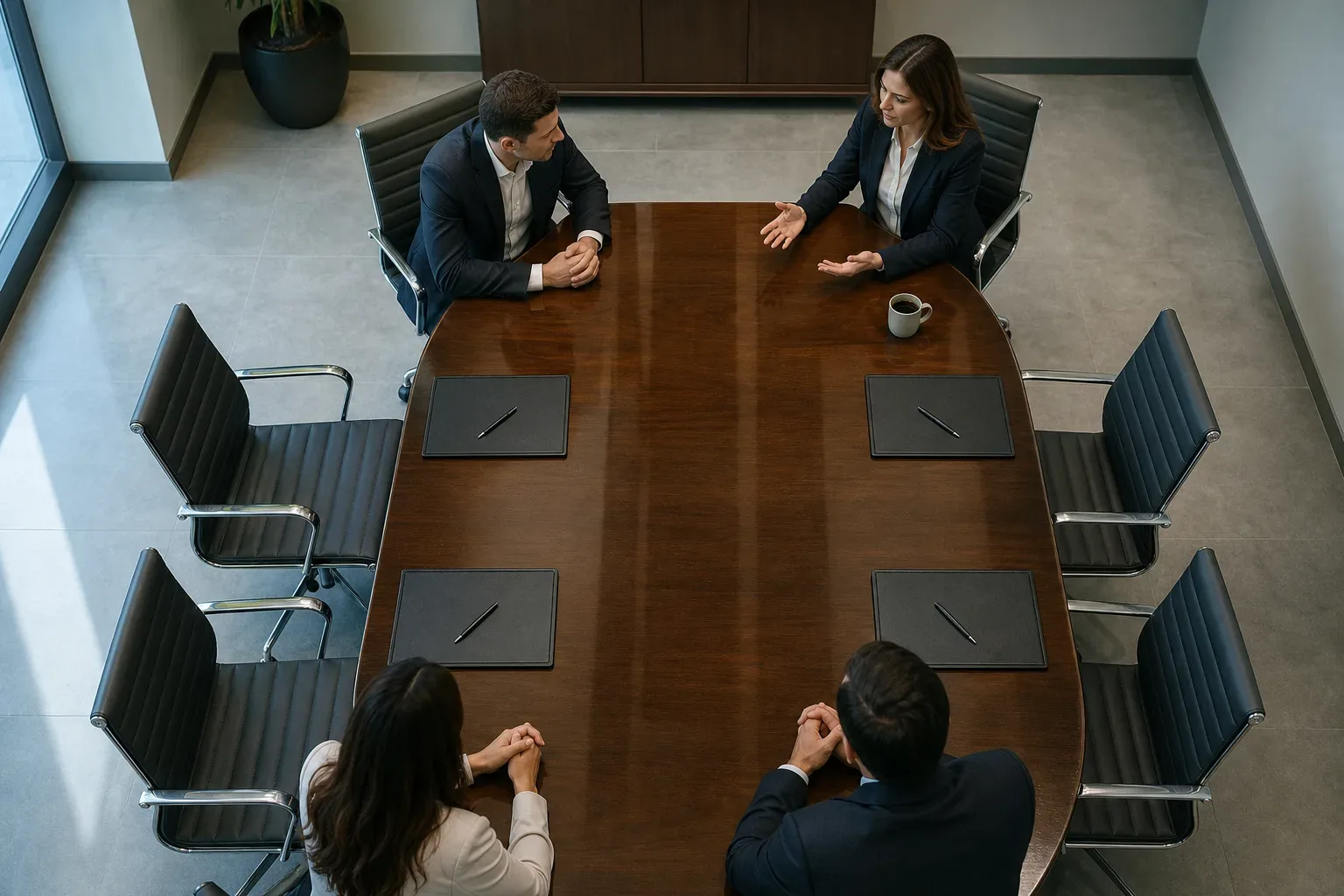 A polished conference table seen from above in cool daylight
