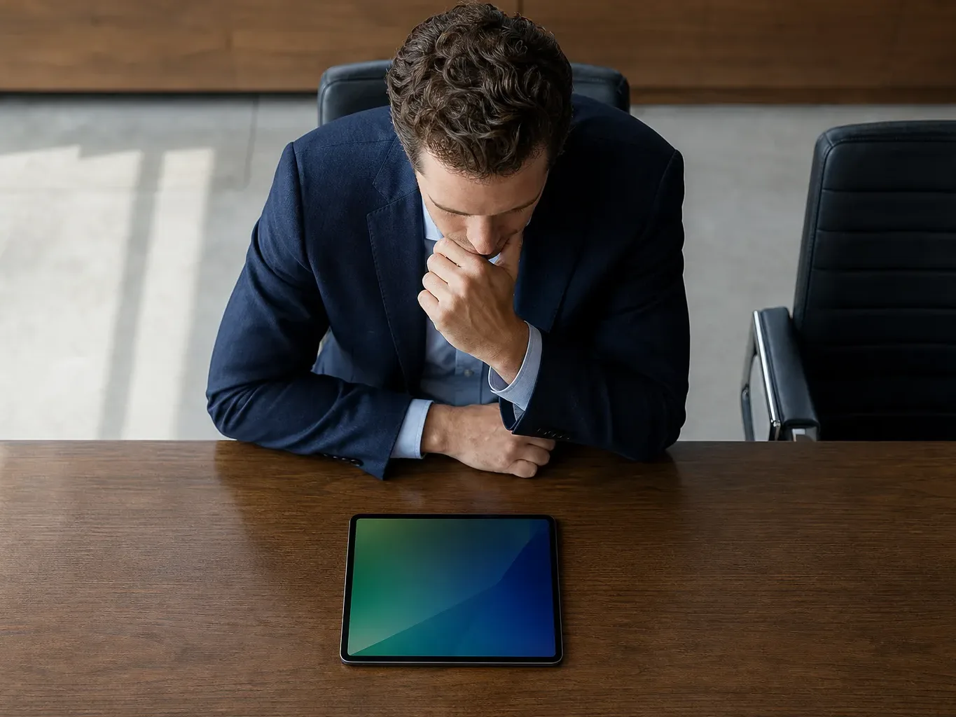 A tablet lying flat at the edge of a meeting table