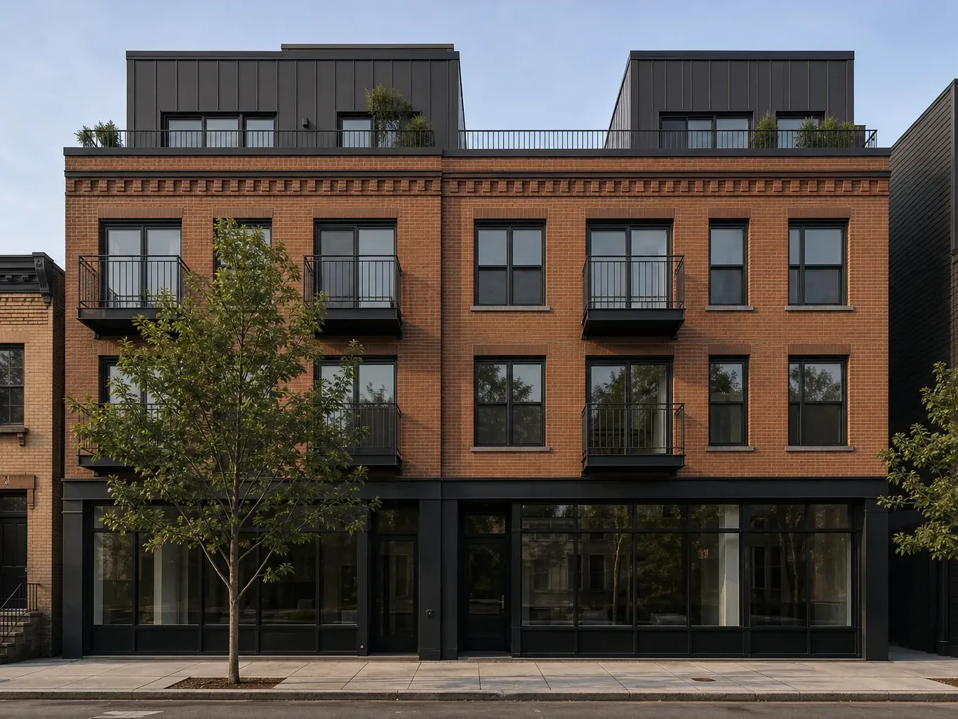 A low-rise mixed-use commercial and residential block on a quiet Brooklyn-style street